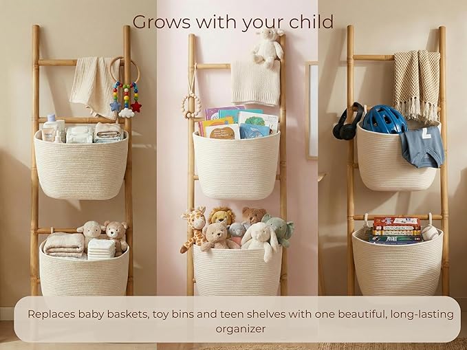 Bamboo Blanket Ladder with 2 Woven Storage Baskets, Handcrafted 55in Decorative Ladder for Blankets, Leaning Blanket Holder for Living Room, Towel Ladder for Bathroom & Quilt Display Rack