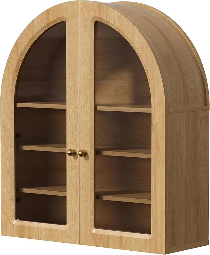 EYYTHUNG Arched Wall Cabinet, Large Bathroom Medicine Wall Mounted Cupboard, Farmhouse Floating Storage Cabinet with Acrylic Door Adjustable Shelf, Wood Organizer (Natural Oak)