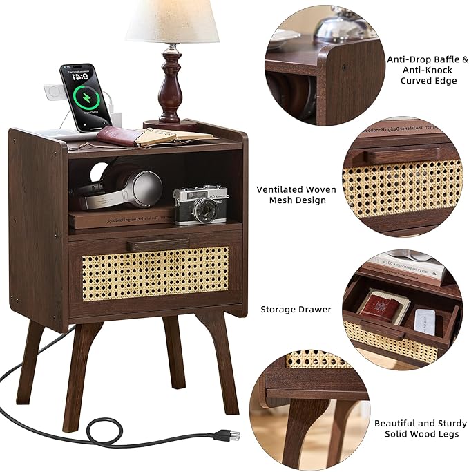 Lerliuo Rattan Nightstand with Charging Station, Walnut Bedside Table with Drawer Open Shelf, Cane Accent Side End Table with Solid Wood Legs, Night Stand for Bedroom, Dorm and Small Spaces