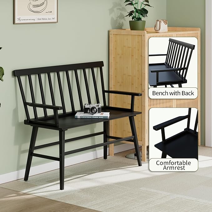 Bamboo Dining Bench, Entryway Bench with Spindle Back Farmhouse Wood Windsor for Foyer Balcony Living Room (Black)