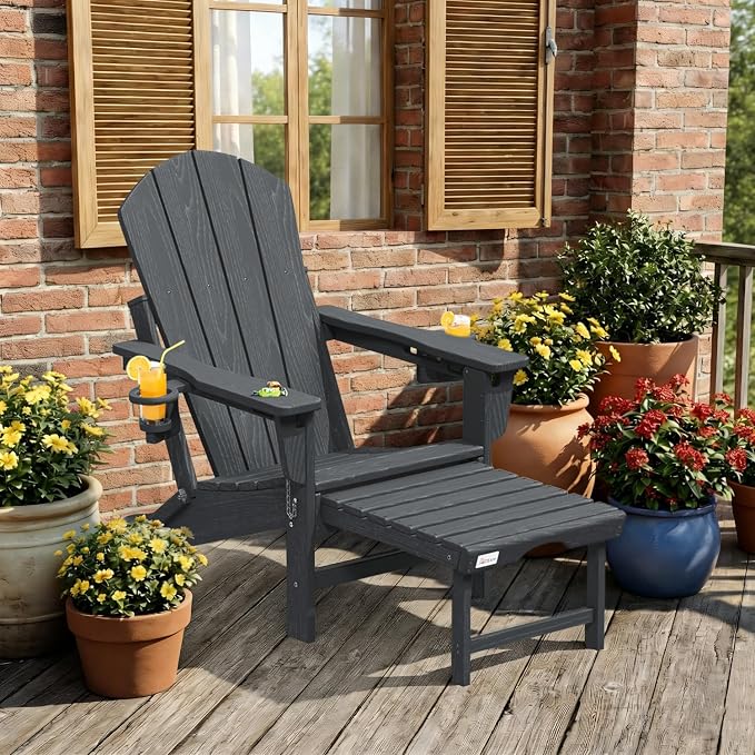 Mdeam 3-Level Adjustable Adirondack Chair with Retractable Ottoman, HDPE All-Weather Folding Fire Pit Chair with 2 Cup Holders, Outdoor Chair for Deck Patio Garden Backyard Lawn (Grey)