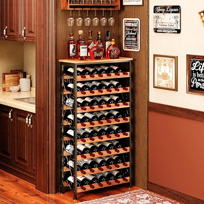 Sonyabecca 48 Bottle Wine Rack Freestanding Floor with Wood Top,8-Tier Wine Storage Shelf with Serving Station, Wine Holder for Kitchen, Bar, Dining Room, Home Bar Cabinet for Wine Bottles, No Wobble