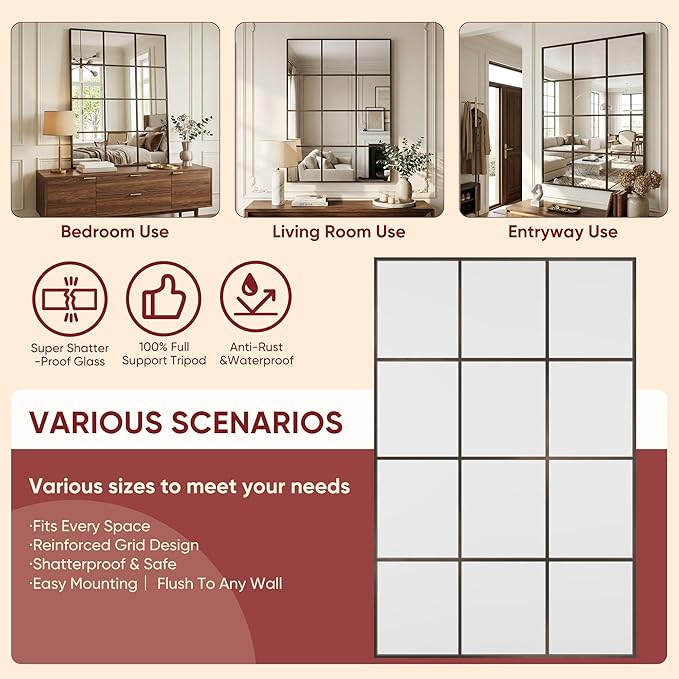 Suidia Wall Mirror, 36" x 40" Window Decorative Mirrors, Metal Framed Wall Decor Wall-Mounted Mirrors for Bedroom, Living Room, Entryway, Bronze
