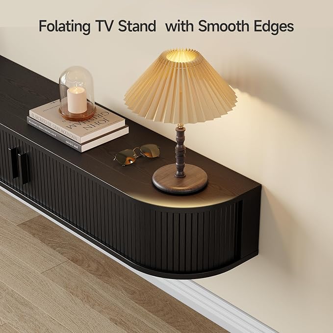 55" Floating TV Stand with Power Outlet for TVs up to 65", Fluted Entertainment Center with Remote Control for LED Lights, Mid-Century Modern TV Console w/Sliding Door for Living Room, Bedroom Black