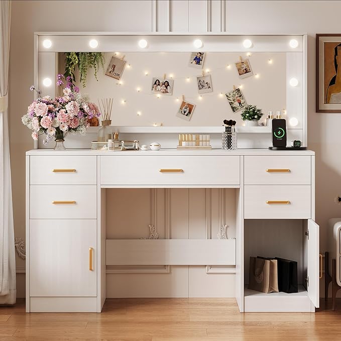 TOKSOM Large Vanity Desk with Lighted Mirror & Power Outlet, White Makeup Vanity Desk with Mirror and Lights, White Vanity Table with 5 Drawers and 2 Cabinets, Dressing Table for Bedroom 44.8 inch