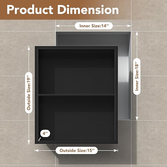14x18 Recessed Medicine Cabinet, Bathroom Wall Cabinet, 304 Stainless Steel Recessed Wall Niche with 2-Tiers Shelves, Matte Black