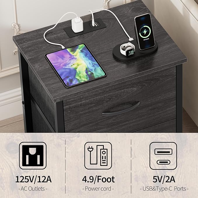 Vagusicc Nightstand Set of 2 with Charging Station, End Table Bedside Table with Power Outlet & USB Ports, Side Table with 2 Fabric Drawers for Bedroom, Living Room, Gray Walnut