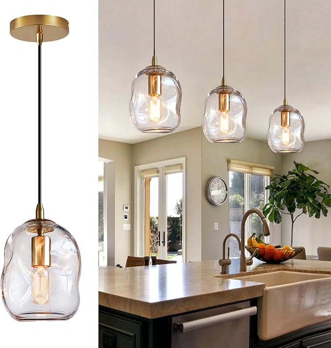 CASAMOTION Glass Pendant Light Gold and Clear Organic Globe Ceiling Hanging Fixtures Modern Industrial Ambient Lighting Over Kitchen Island Sink Bar Counter Porch Small Medium Lamp 8 Inch H