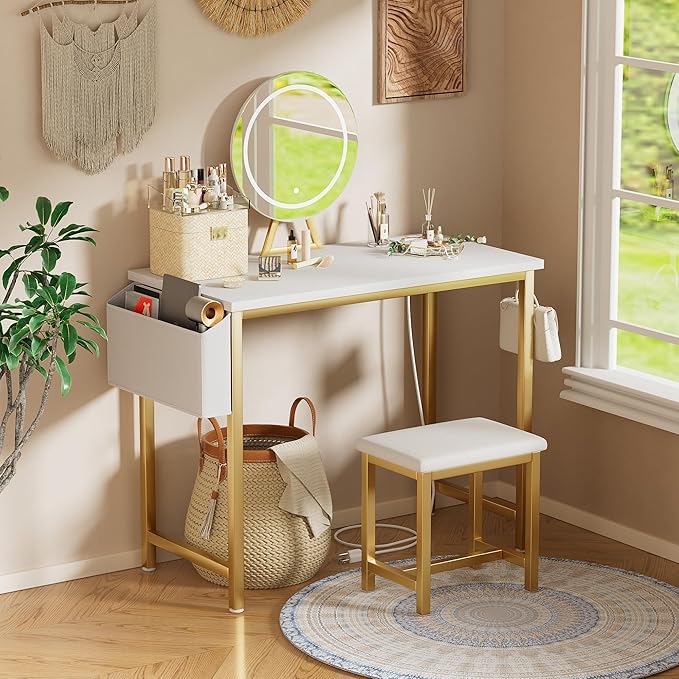 Cheap Makeup Girls Vanity Set with Mirror and Stool and Lights & Power Outlet, White Make Up Dressing Table with Chair, Kids Vanities for Bedroom 40“