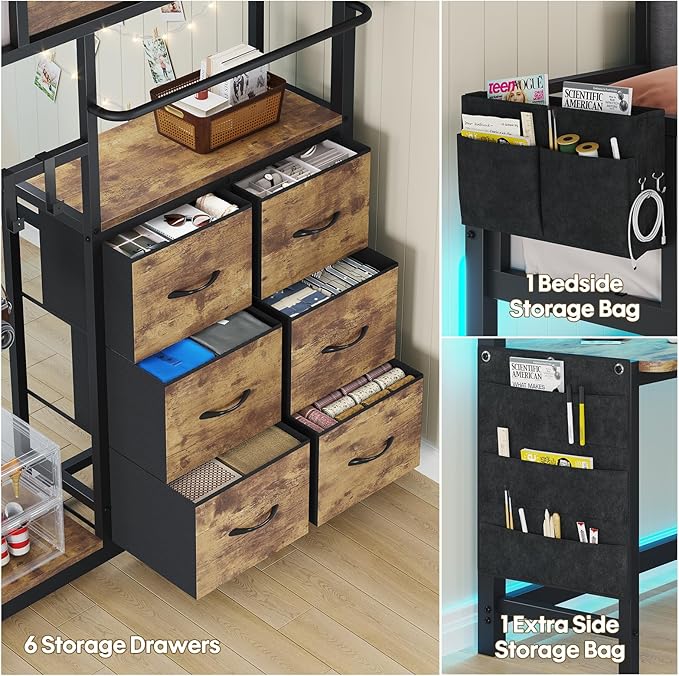 BYSAUD Loft Bed Full Size, Loft Bed with Desk, Bunk Bed with Desk, 6 Storage Drawers & 4 Open Shelves & 2 Storage Bags, LED Lights & Charging Station, Safety Guardrail, No Box Spring Needed, Brown