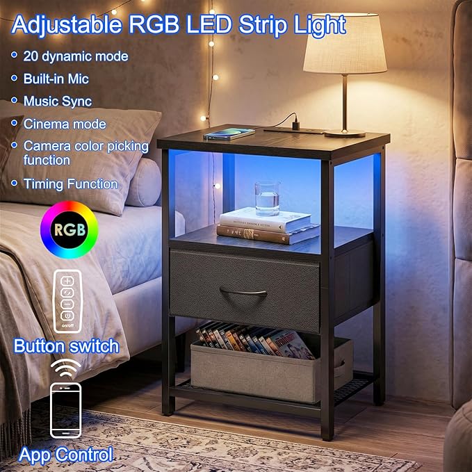 Fixwal Night Stand with Charging Station, LED Nightstand Side Table with Fabric Drawers PU Finish, End Tables Bedroom, Bedside Table, Black