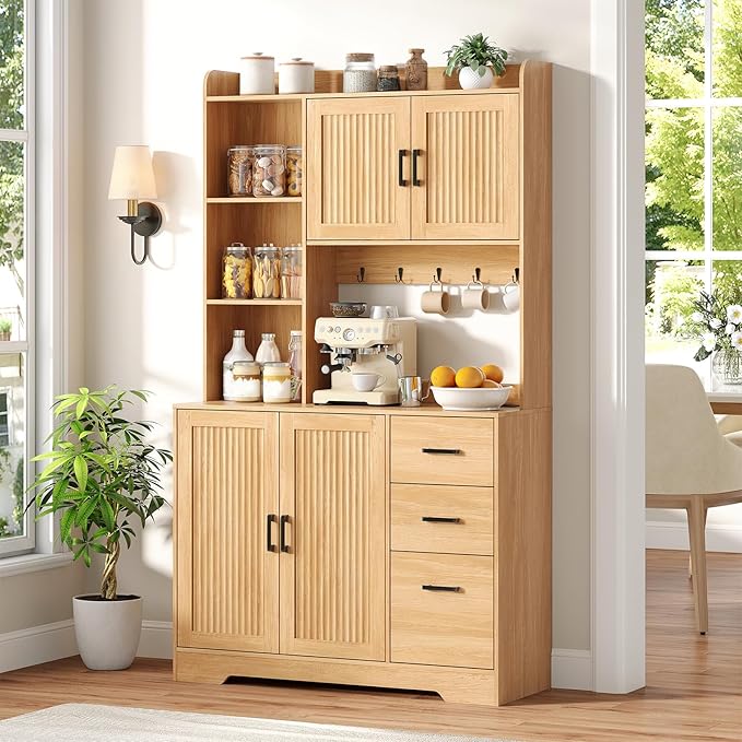 Kitchen Pantry Cabinet with Charging Station, 68" Tall Storage Cabinet with 3 Drawers, 2 Cabinets, Open Shelves, Fluted Doors, Wood Kitchen Hutch with Microwave Stand for Dining Room Living Room