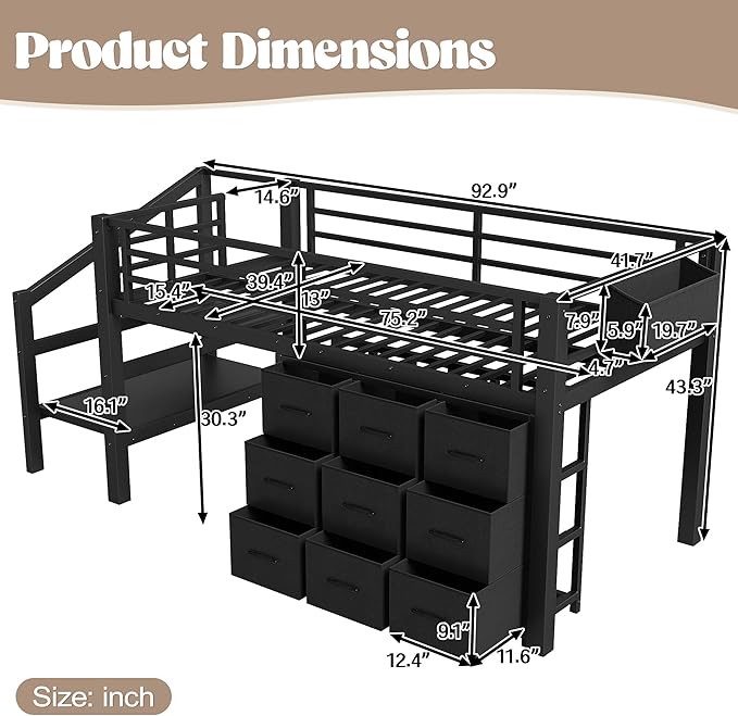 Bellemave Twin Size Loft Bed with 9 Non-Woven Fabric Storage Drawers, Low Loft Bed with Stairs and Lights, Twin Loft Beds with High Rails, Noise Reduced Black