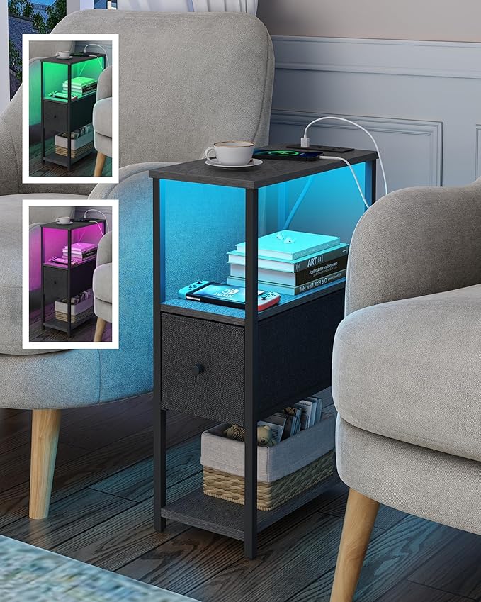 TUTOTAK Small Narrow LED End Table with Charging Station, Side Table Outlets, Nightstand with Cloth Drawer, Set of 2, Couch Table, for Living Room, Bedroom, Bedside, Charcoal Grey TB01BY059