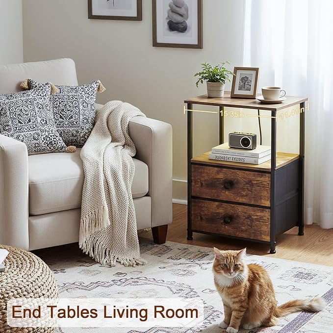 LOAKEKEL Night Stand Set 2, LED Nightstand with Charging Station, End Tables with Storage Shelf, Bedside Table with 2 Fabric Drawers for Bedroom, Small Spaces, Rustic Brown HETS02PBR