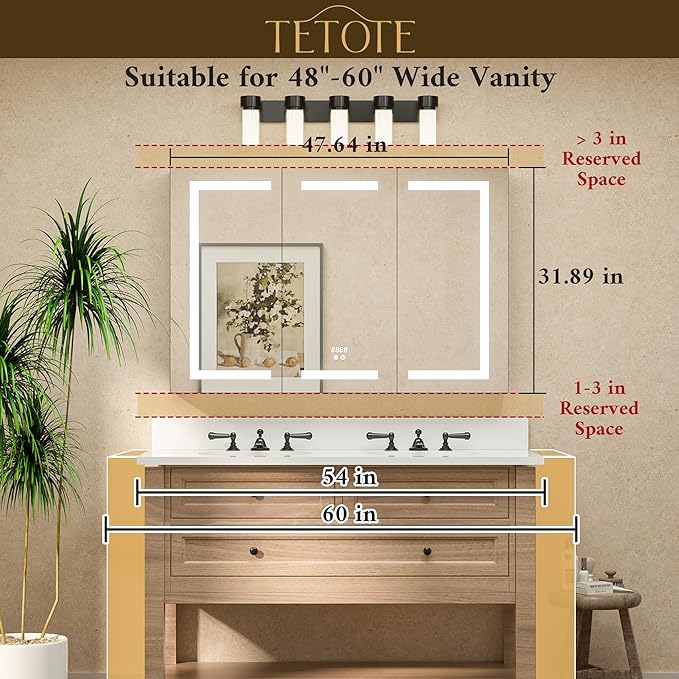 TETOTE 48 x 32 Lighted Medicine Cabinet with LED Lights, 3 Door Recessed or Wall Mount Bathroom Cabinet, Led Vanity Cabinet Mirror, Tempered Glass, Outlets & USB, Adjustable Shelf, 3-Color Lights