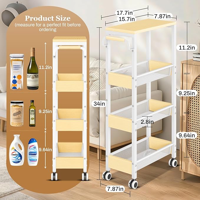 Utility Slim Storage Cart with Wheels, 4 Tier Slim Rolling Cart, Slim Rolling cart for Kitchen,Small Rolling Cart with Wood Top, Skinny Metal Organization Trolley Laundry with Handle for Small Space