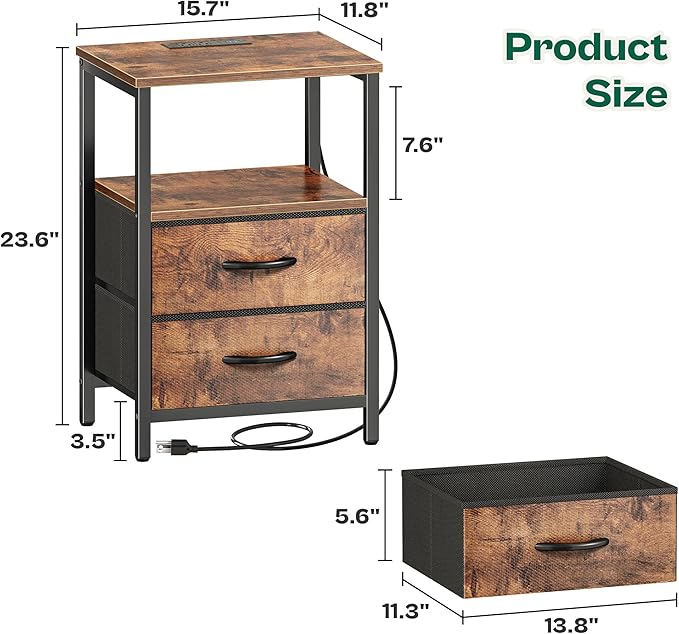 Huuger Night Stand with Charger Station and LED Lights, 2 Drawer Nightstand, Bed Side Table with Open Shelf, End Table, Fabric Dresser for Bedroom, Rustic Brown