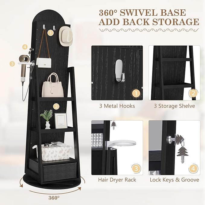 LVSOMT 64" H Arched LED Mirror Jewelry Cabinet Standing, 360° Swivel Full-Length Mirror with Storage, Lockable Jewelry Organizer with Inner Makeup Shelf, Gift for Women, Black