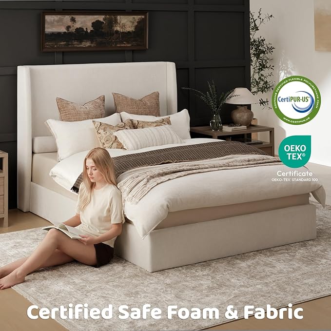 RECCI King Size Bed Frame with 53" Extra Tall Wingback Headboard, Luxury Upholstered Platform Bed Frame, Heavy Duty Support, Noise-Free, Easy Assembly, No Box Spring Needed, Beige Chenille