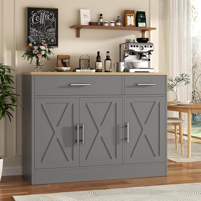 Vongrasig Sideboard Buffet Cabinet with Storage, 43” Farmhouse Coffee Bar Storage Cabinet with Drawers and Shelves, Modern Buffet Table for Kitchen, Dining Room, Grey