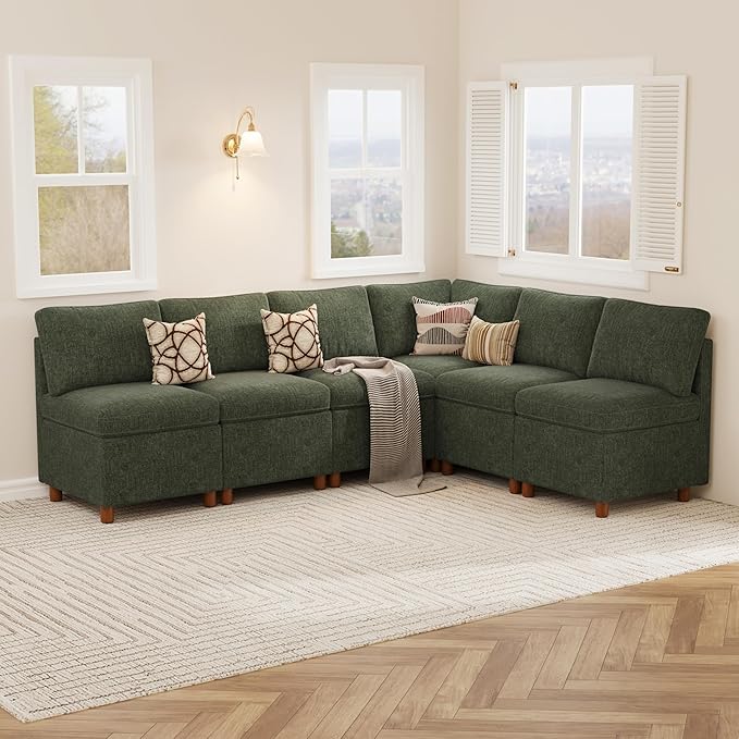 SITJOY Breakfast Nook Bench with Storage, Modular Corner Kitchen Banquette Seating, Dining Settee Couch, Upholstered Dining Bench with Back, Soft-to-Touch Fabric in Green, 6-Seat L Shaped Nook