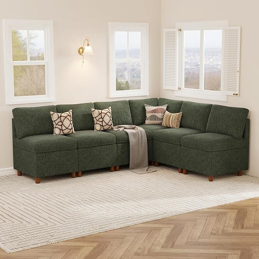 SITJOY Breakfast Nook Bench with Storage, Modular Corner Kitchen Banquette Seating, Dining Settee Couch, Upholstered Dining Bench with Back, Soft-to-Touch Fabric in Green, 6-Seat L Shaped Nook