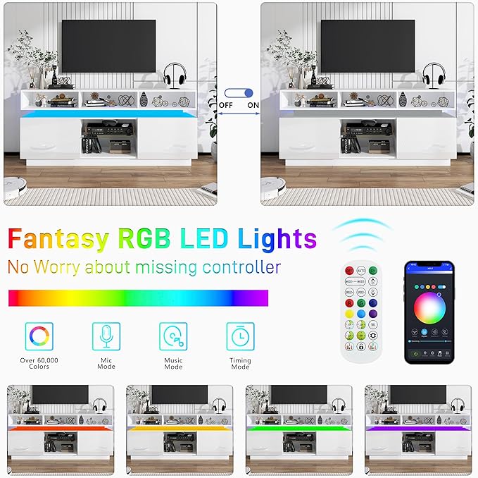 chartustriable LED TV Stand for 75 Inch TV, Modern Tall Entertainment Center with Power Outlets, High Gloss TV Stand, Gaming TV Media Console with Glass Shelf for Living Room, 63 Inch, White