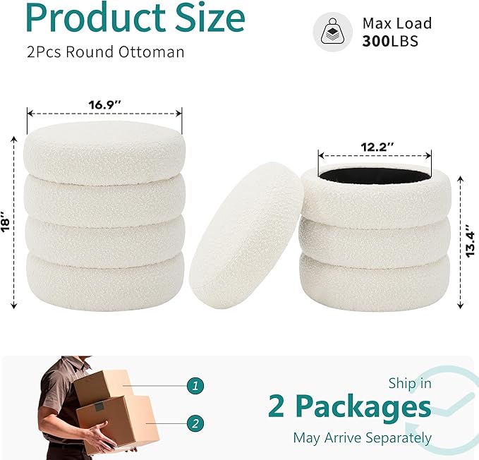 Busaurus Round Ottoman with Storage for Living Room Small Boucle Foot Stool Modern Upholstered Vanity Stool Ottoman Foot Rest for Dorm Corner Home Decor, Set of 2 (White)