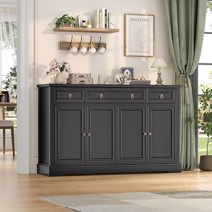 FINETONES Buffet Cabinet with Storage, 52.7" Large Sideboard Buffet Table, Black Kitchen Cabinet with 3 Drawers and 4 Doors, Wood Coffee Bar for Kitchen Dining Room, Black