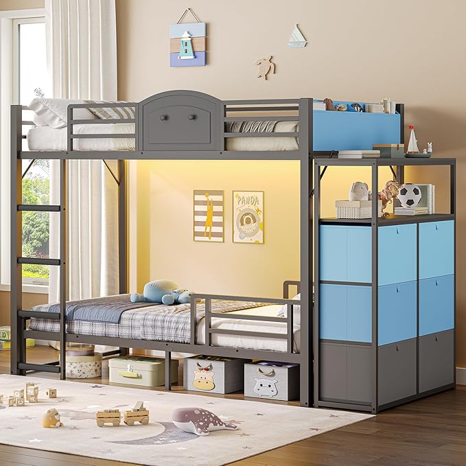 AOGLLATI Bunk Bed Twin Over Twin with 6 Storage Drawers for Kids Teens,Metal Led Loft Bed with Bedside Storage,Safety Guardrails for Small Space, No Box Spring Needed, Grey