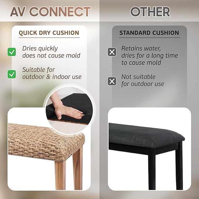 Outdoor Backless Bench, All-Weather Wicker & Solid Acacia Wood, Premium Garden Bench with Woven Rattan Seat and Thick Outdoor Cushion for Patio, Porch, Living Room or Entryway (Natural, PE Wicker).