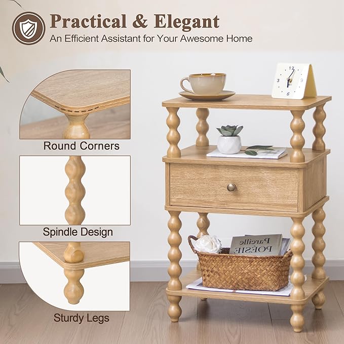 AWASEN Night Stand with Drawer, Bedside Table with Storage, 3-Tier Small Nightstand End Table for Bedroom with Solid Wood Spindle Legs, Rustic Walnut