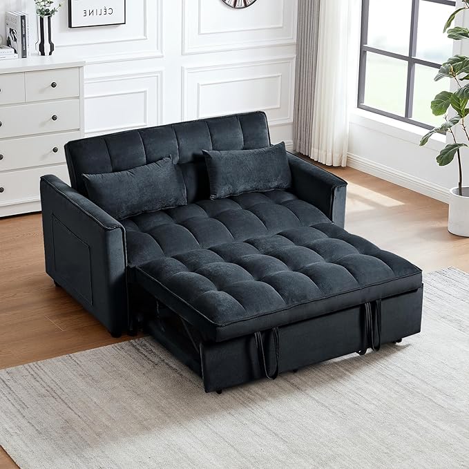 3 in 1 Convertible Sleeper Sofa Bed, 54'' Full Size Velvet Pull Out Futon Couch Recliner with Reclining Backrest & 2 Pillows, Small Loveseat Lounge Couches for Small Spaces (Black)