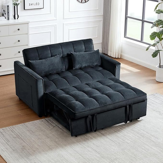 3 in 1 Convertible Sleeper Sofa Bed, 54'' Full Size Velvet Pull Out Futon Couch Recliner with Reclining Backrest & 2 Pillows, Small Loveseat Lounge Couches for Small Spaces (Black)