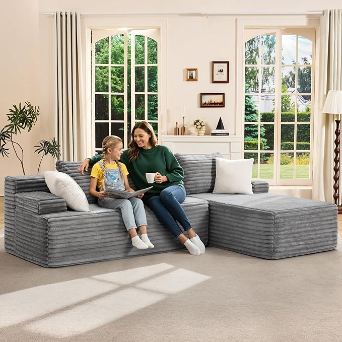 Hobestluk Modular Sectional Sofa Boneless Couch L-Shape Couch 3 Seat Modular Couch Memory Foam Sectional Couches for Living Room Furniture, Cloud Couch with Chaise Lounge (96" Right Facing Chaise)