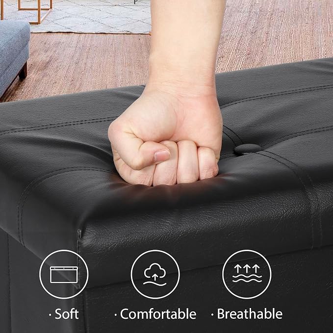 ZenStyle 43Inches Folding Storage Ottoman Bench, Faux Leather Footrest with Foam Padded Seat, Storage Chest Long Shoes Bench for Living Room, Entryway, Bedroom, Holds up to 660 lbs (Black)