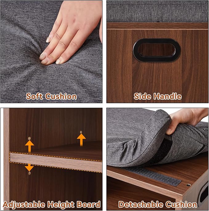 YMYNY Small Shoe Storage Bench with Cushion, 2 Tier Entryway Bench with Shoe Storage, Shoe Rack Bench for Entryway, Living Room, Hallway, Closet, Bedroom, 15.4L*11W*16.54H, Light Walnut HBD028LW