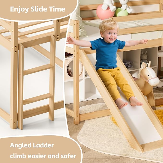 TOLEAD Low Bunk Bed with Slide, Floor Loft Bed with Climbing Ladder, Wood Twin Bunk Bed Frame with Full Guardrails & Storage Space for Kids Toddler