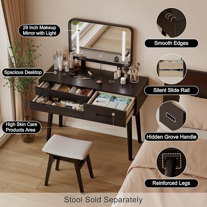Solid Wood Vanity with Mirror and Lights, Adjustable Brightness, Wood Makeup Vanity with 3 Drawers, Semi-Assembled, Vanity Desk for Bedroom (Black)