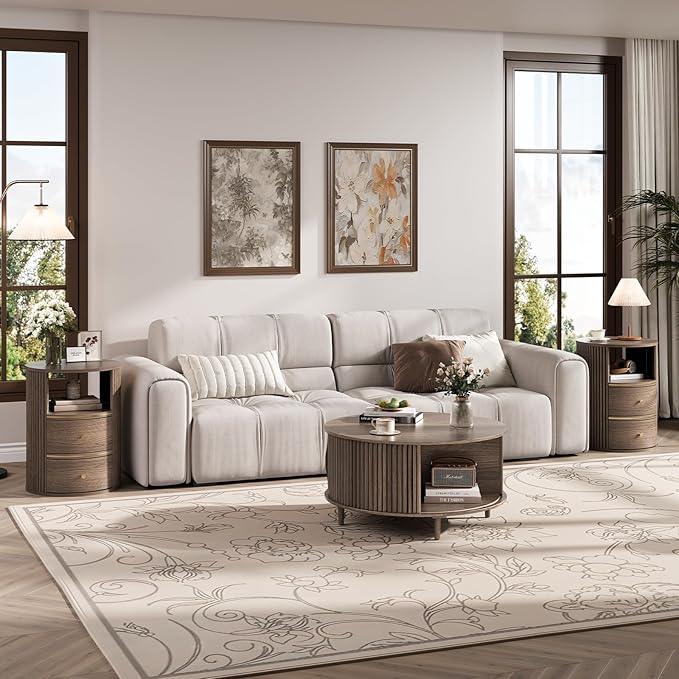 JOINICE Round Coffee Table and End Table Set,31.5" Mid Century Modern Living Room Furniture, Walnut Fluted Center Table with Storage & Matching Side Table for Small Space