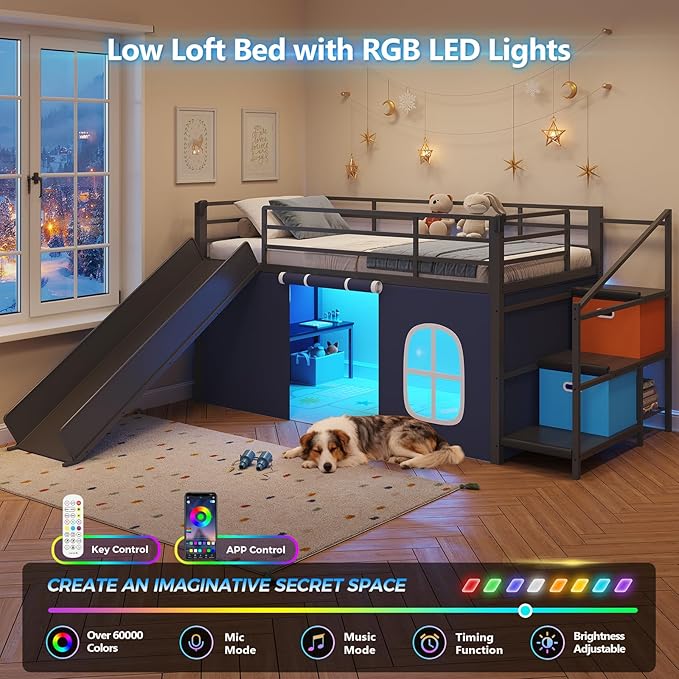 DICTAC Low Loft Bed with Slide,Storage Stairway and Led Lights Metal Twin Size Loft Bed with Under-Bed Play Space,Art Table & Play Curtain Twin Beds with 2 Drawers and 13.8''H Safety Guardrail,Black
