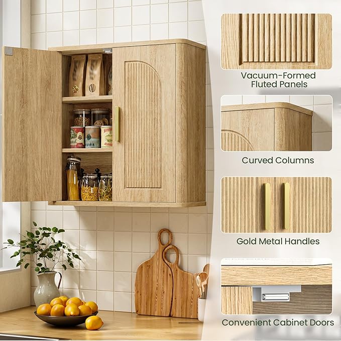 CHOEZON Bathroom Wall Cabinet, Bathroom Storage Cabinet, Medicine Cabinet with Adjustable Shelves and Fluted Doors, Over Toilet Storage Cabinet, for Bathroom, Bedroom, Kitchen, Living Room, Natural