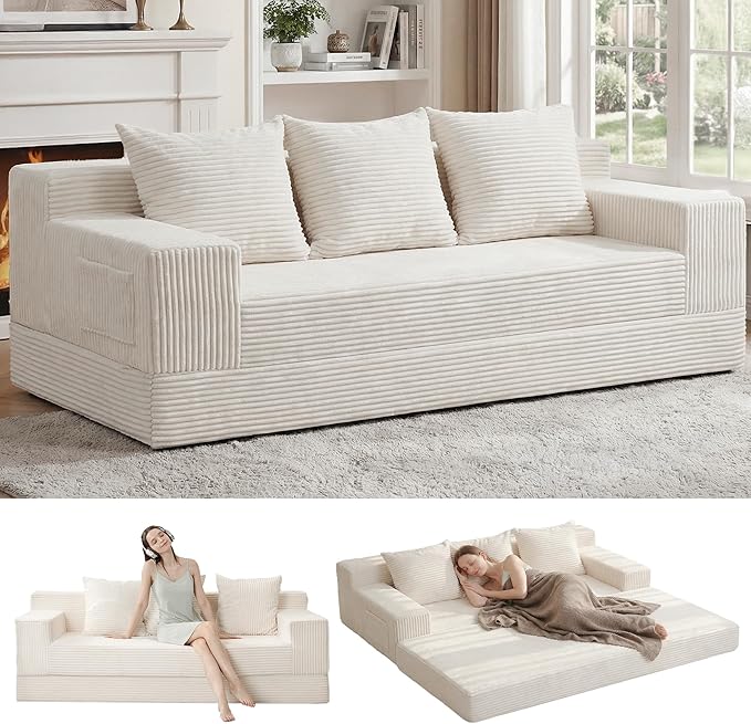 Erament Convertible Futon Sofa Bed Couch, 78'' Corduroy Folding Sofas Bed, Compression Boneless Floor Couch Sofa Beds with 3 Pillows for Living Room Bedroom Apartment