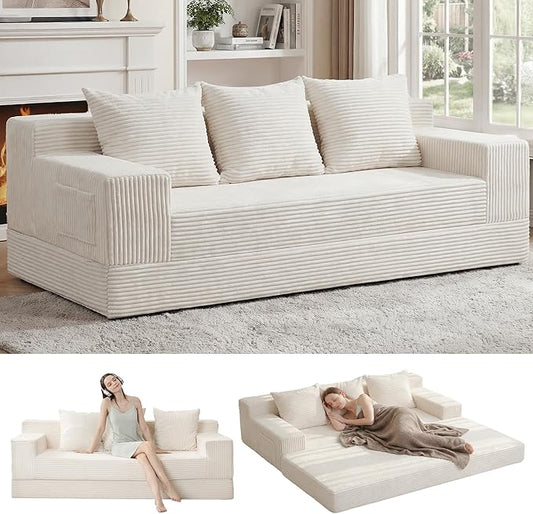Erament Convertible Futon Sofa Bed Couch, 78'' Corduroy Folding Sofas Bed, Compression Boneless Floor Couch Sofa Beds with 3 Pillows for Living Room Bedroom Apartment