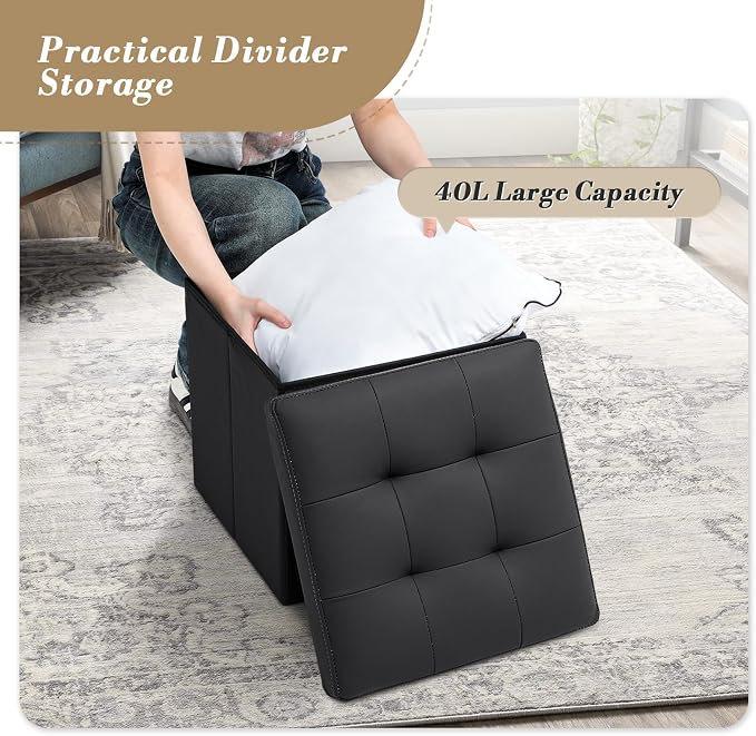 Athena Collection Leather Square Ottoman with Storage, 15 Inch Small Storage Ottoman, Multipurpose Footstool Foot Rest for Living Room, Bedroom, Dorm, Black