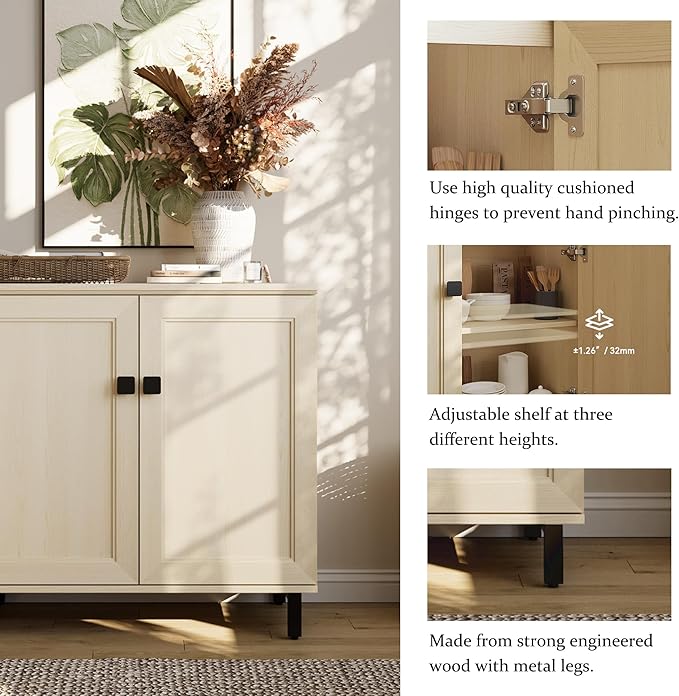 FENSULN Buffet Sideboard Cabinet Farmhouse Modern 3 in1 Storage Cabinet with Adjustable Shelves for Kitchen, Coffee Bar, Living Room, Beige