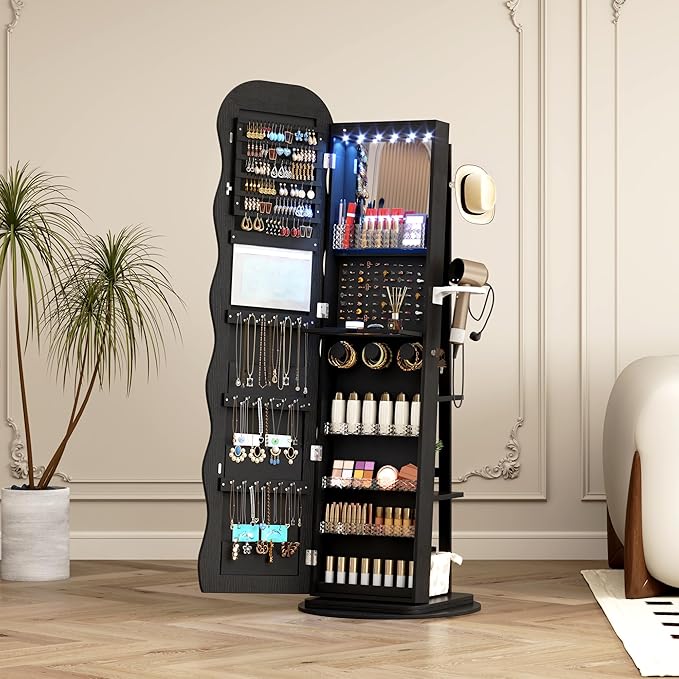 Vlsrka 360° Swivel Jewelry Aromire with Wavy Mirror, Lockable Jewelry Organizer Mirror Full Length, Rotatable Standing Mirror with Storage, Jewelry Cabinet, Interior Mirror, Flodable Shelf, Black