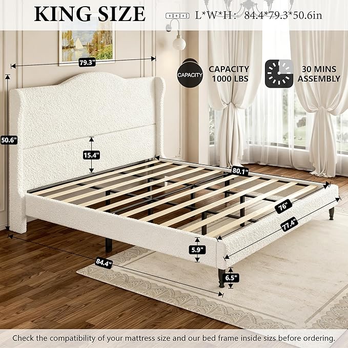King Bed Frame with Wingback Headboard, Upholstered Boucle Platform Bed Frame Easy Assembly, Solid Wooden Slats Support, Noise-Free, No Box Spring Needed, Soft Cloud Bed for Bedroom, Cream
