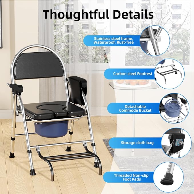 Folding Bedside Commode Chair for Elderly with Adjustable Height, Toilet Seat with Footrest and Soft PU Seat Cushion, Adults Potty Chair with Storage Cloth Bag for Seniors, Disabled (Black)